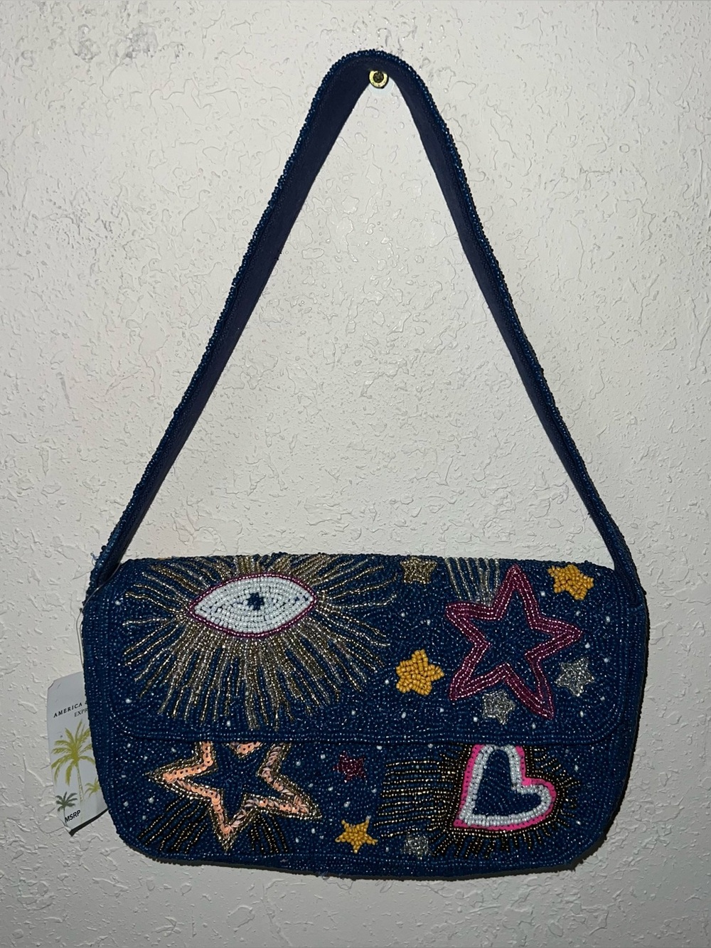 America & Beyond Navy Blue CELESTIAL SPARK Bead EMBELLISHED SHOULDER BAG